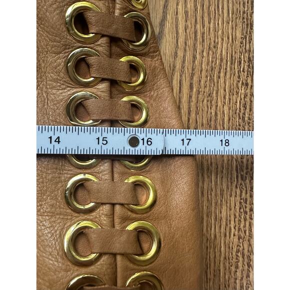 ABRO Tan Italian Leather Satchel with Gold Rivets Interior Pockets Handbag - Picture 8 of 9